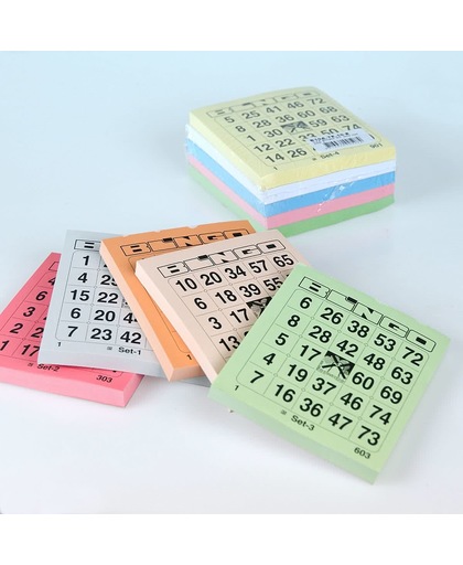 Bingo blokken 5 verschillende kleuren 100 vel Bingokaarten 1-75