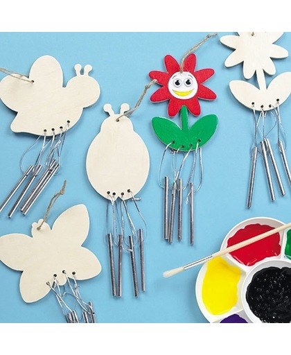 Houten windklokken met insecten en bloemen - creatieve knutselpakket voor kinderen om te schilderen en versieren (4 stuks)