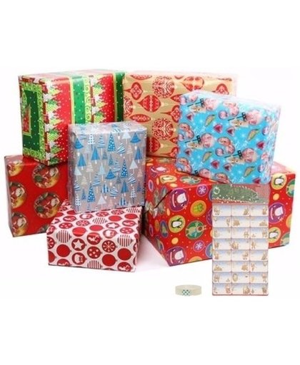 Kerst inpakpapier set S - 200 x 70 cm - 1 rol cadeaupapier met plakband en cadeaustickers