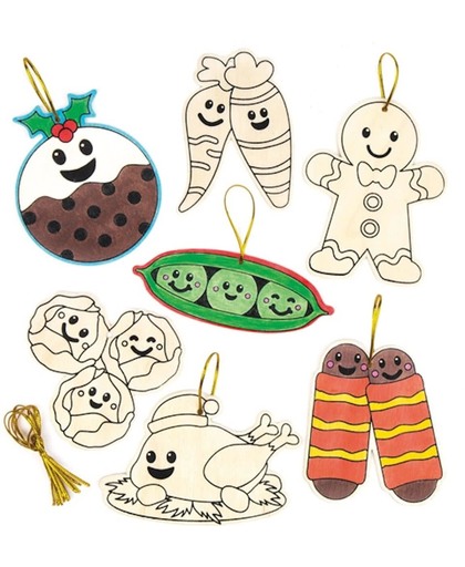 Houten decoraties met thema kerstlekkernijen - Creatieve kerstknutselset voor kinderen om zelf te maken (10 stuks per verpakking)