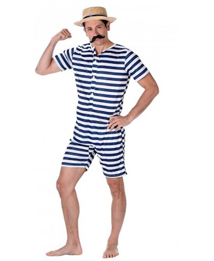 Blauw en wit gestreept retro zwem outfit voor mannen - Verkleedkleding - Maat S