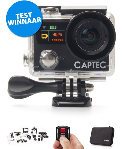 Captec Capture 5 - Action Cam - 4K Ultra HD - WiFi - Afstandsbediening - Action camera - Helm camera - Waterdicht - Front & back display - Transportkoffer - Onderwatercamera - incl. Accessoires set
