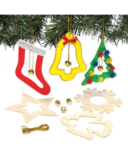 Set met hangende houten kerstdecoraties met bel, die kinderen kunnen beschilderen, versieren en ophangen voor kerst. Creatieve knutselactiviteit voor kinderen en volwassenen (6 stuks)