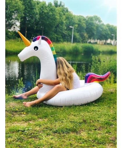 Opblaasbare Eenhoorn Zwemband XL  |  Unicorn  |  Opblaasbaar  |  160 x 120 x 105 cm  |  Tijdelijk met gratis opblaasbare bekerhouder