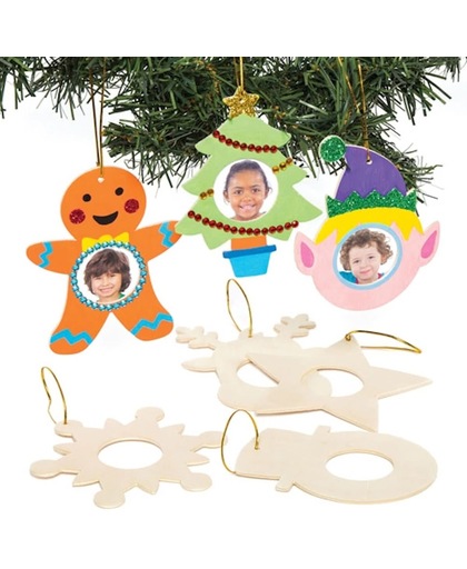 Hangende fotolijstjes van hout in de vorm van kerstfiguren voor kinderen. Creatieve kerstknutselactiviteit voor kinderen (8 stuks)