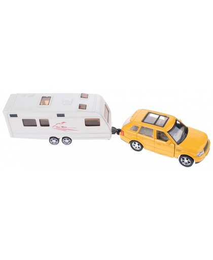 Toi Toys die cast auto met caravan 29 cm geel