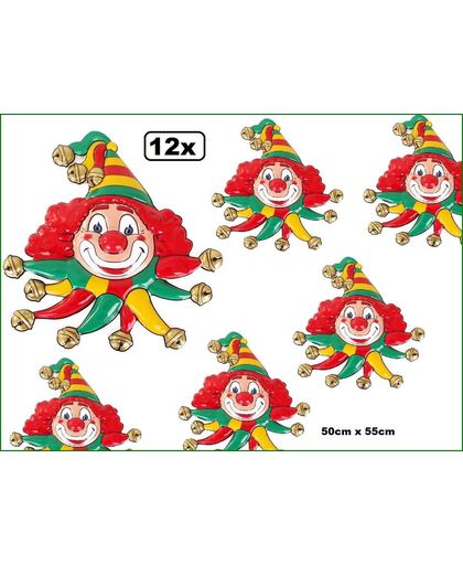 12x Wanddeco masker clown rood-geel-groen belletjes 50x55 cm