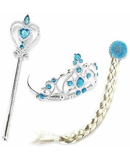 Elsa accessoire verkleed set : kroon, toverstaf en haar vlecht bij jurk