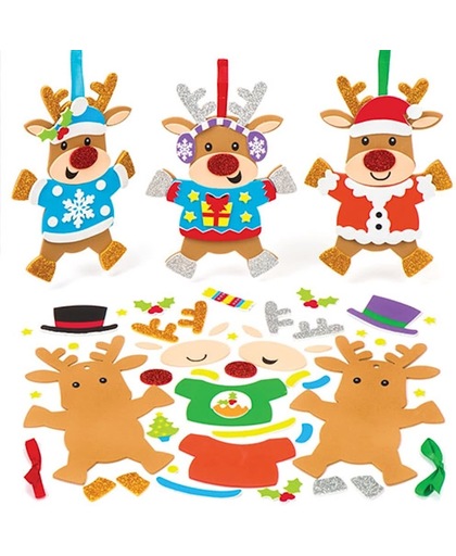 Decoratiesets met rendier in kersttrui. Leuke knutsel- en decoratiesets voor kerst voor jongens en meisjes (6 stuks per verpakking)