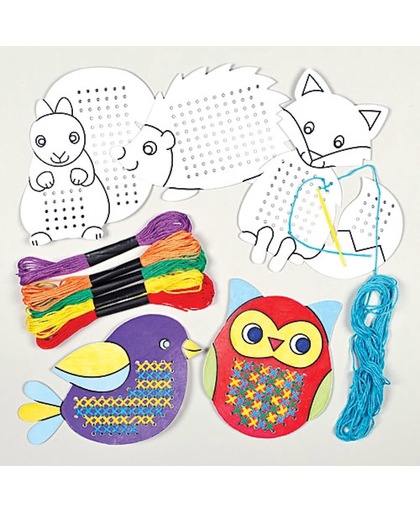 Borduursets van bosdieren voor kinderen - maak je eigen decoratie - creatieve knutselpakket met naaisetje om te maken en versieren voor herfst (5 stuks)