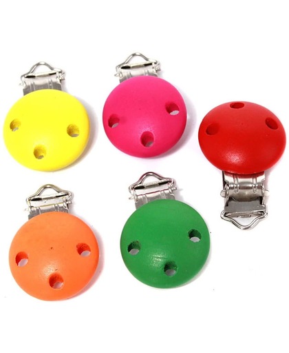 5 Speenkoord clips gemaakt van hout MIX (Oranje, Groen, Roze, Geel en Rood) NBH®