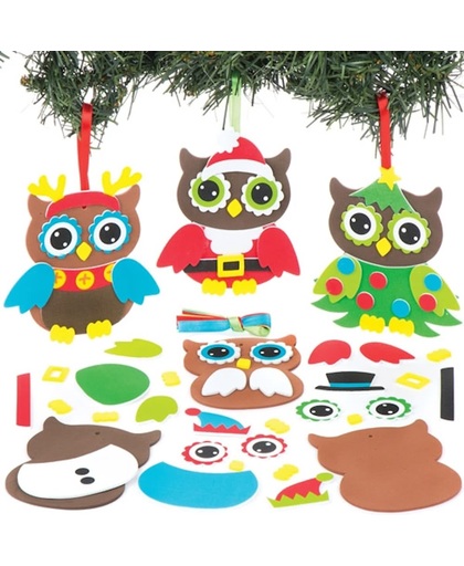 Mix & match decoratiesets met kerstuil. Leuke knutsel- en decoratiesets voor kerst voor jongens en meisjes (6 stuks per verpakking)