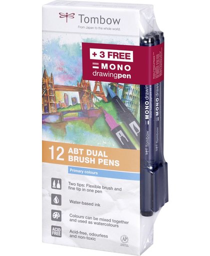 Tombow ABT Dual Brush Pen set van 12 primaire kleuren + 3 Tombow MONO tekenpennen