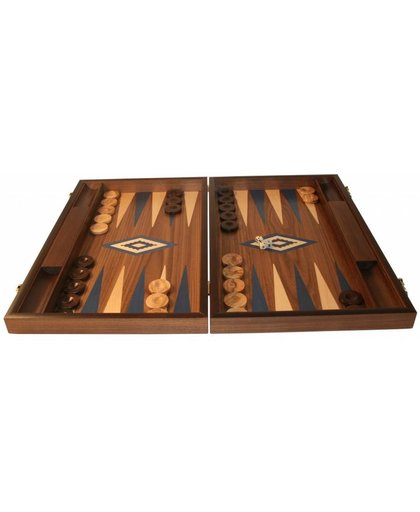 Walnoothout Backgammon - Blauwe  inleg, 48 x 60 x 4 x 8 cm