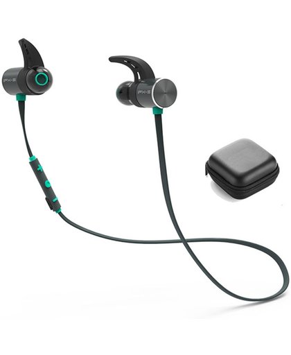 Draadloze waterafstotende Bluetooth oortjes grijs/blauw  + bescherm etui: in-ear headphones | sport oordoppen | earbuds | koptelefoon | geschikt voor o.a. Apple iPhone / Samsung Galaxy
