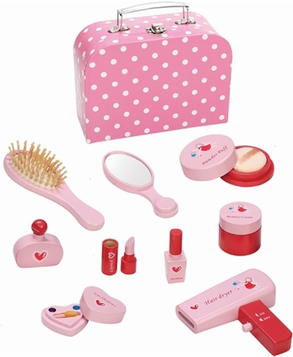 Make up koffer inclusief accessoires - roze met witte stip