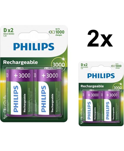 4 Stuks (2 Blisters a 2st) - Philips MultiLife 1.2V D / HR20 3000mAh NiMh oplaadbare batterij