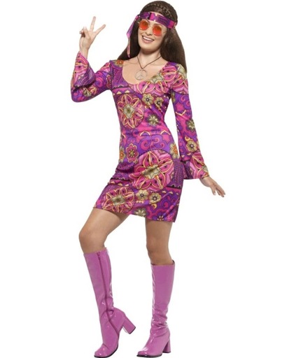 Woodstock Hippie Chick Costume Multi-Coloured with Dress Headscarf & Medallion
