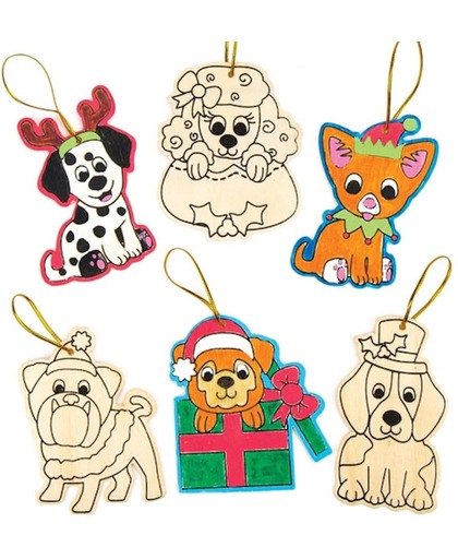 Houten puppydecoraties. Leuke kerstknutselsets voor jongens en meisjes (10 stuks per verpakking)