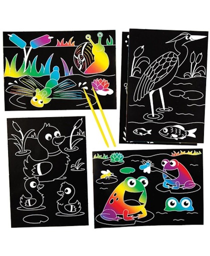 Plaatjes met vijvervriendjes die kinderen met kraskunst kunnen ontwerpen, maken en neerzetten. Creatieve lenteknutselset voor kinderen (verpakking van 6)