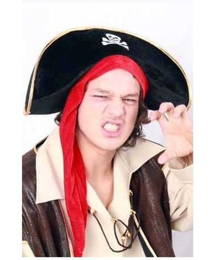 Piraten hoed fluweel met doodshoofd en rood lint