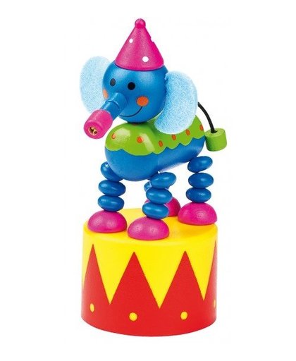 Moses houten drukfiguur dansende olifant 14 cm blauw/rood