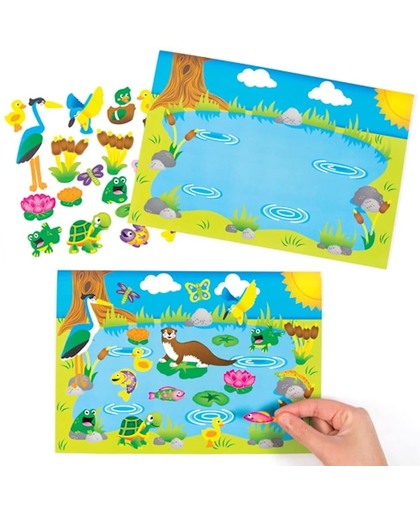 Vijverdieren-stickers die kinderen kunnen gebruiken om een verhaal te ontwerpen, te maken en neer te zetten. Creatieve lenteknutselset voor kinderen (verpakking van 4)