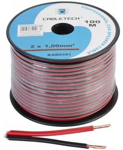 Speaker kabel luidsprekersnoer CCA rood / zwart 2x 1mm Haspel 100m