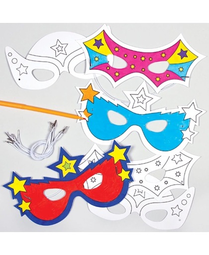 Inkleurmaskers sterrenhelden - creatieve knutselpakket voor kinderen - maak je eigen themafeest party accesoire (6 stuks)
