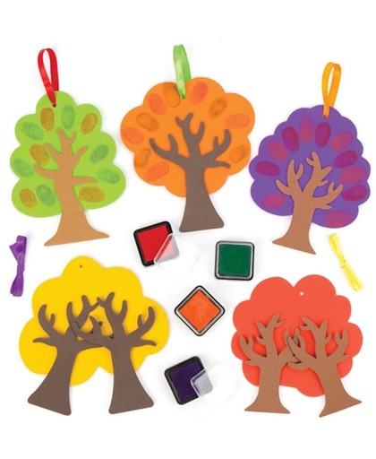 Decoratiesets met bomen met vingerafdrukken voor kinderen om zelf te ontwerpen, maken en te presenteren - Creatieve herfstknutselset voor kinderen (verpakking van 5)