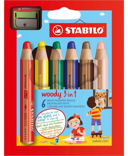 STABILO Woody 3 in 1 Kleurpotloden - Etui 6 Stuks + Puntenslijper