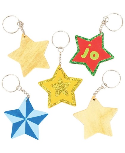 Houten ster sleutelhangers voor kinderen. Leuke knutsel- en decoratiesets voor kerst voor jongens en meisjes (8 stuks per verpakking)