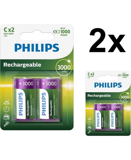 4 Stuks (2 blisters a 2st) - Philips MultiLife 1.2V C/HR14 3000mah NiMh oplaadbare batterij