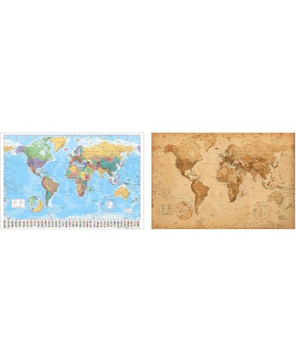 Miniposterset (2 posters) Wereldkaart en Vintage wereldkaart (40x50cm)-Aanbieding