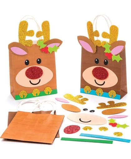 Rendier cadeautasje knutselsets. Leuk voor kinderen om zelf te maken tijdens de kerst (4 stuks per verpakking)