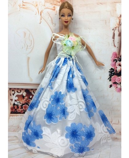 Wit met Blauwe Bloemen Prinsessenjurk, baljurk of trouwjurk voor de Barbie pop - NBH®