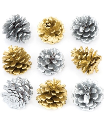 Goud- en zilverkleurige dennenappels. Creatieve knutselpakketten voor kerstdecoraties (12 stuks per verpakking)