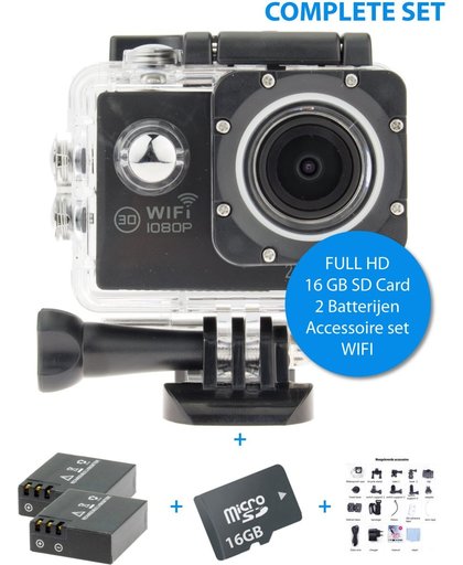 Captec LCS-4000 Pro Pack - Full HD WIFI actie camera - incl. 16gb SD kaartje, 2 batterijen en accessoiresset - met App voor iPhone en Android
