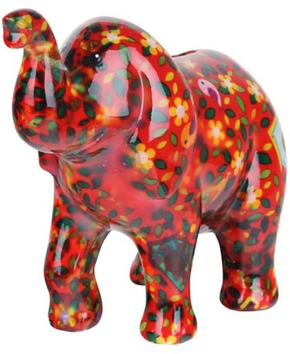 Pomme-pidou spaarpot olifant "Zara" M rood met bloemetjes en blaadjes