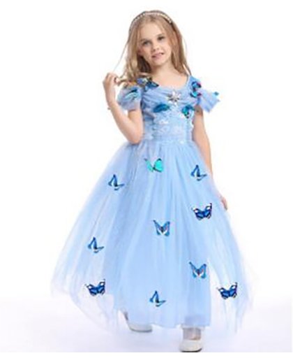 Prinsessen jurk blauw maat 140 + gratis staf en kroon - met vlinders - (labelmaat 150) - verkleedjurk