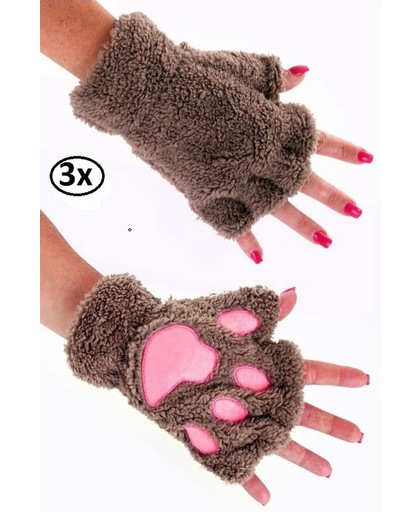 3x Vingerloze handschoenen pluche dierenpootje licht bruin