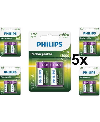 10 Stuks (5 Blisters a 2st) - Philips MultiLife 1.2V C/HR14 3000mah NiMh oplaadbare batterij
