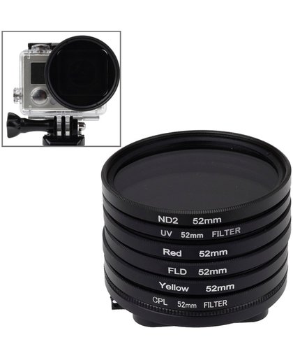 6 In 1 52mm ND2 Lens Filter + UV Lens Filter + roede Filter + FLD Filter + Geel Filter + CPL Filter + Filter Adapter Ring voor GoPro HERO4/ 3+
