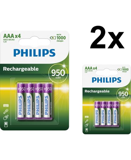 8 Stuks (2 blisters a 4st) - Philips MultiLife 1.2V AAA/HR03 950mah NiMh oplaadbare batterij