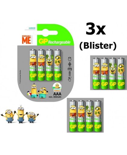 12 Stuks (3 blisters a 4stk) - Minion in Blister GP ReCyko+ AAA 800mAh Oplaadbare Batterij