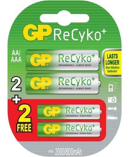 2 x AA GP ReCyko+ batterijen + 2 x gratis AAA en beschermhoesje voor 4 batterijen